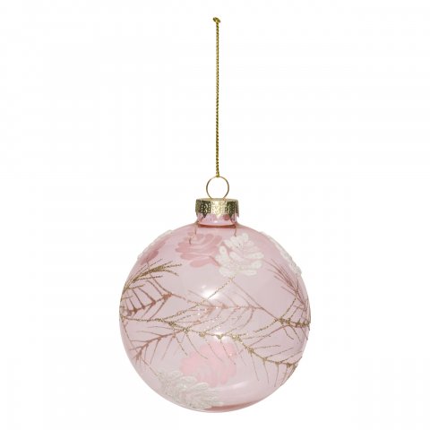 BOULE DE NOEL VERRE 90MM ROSE FEUILE BLC