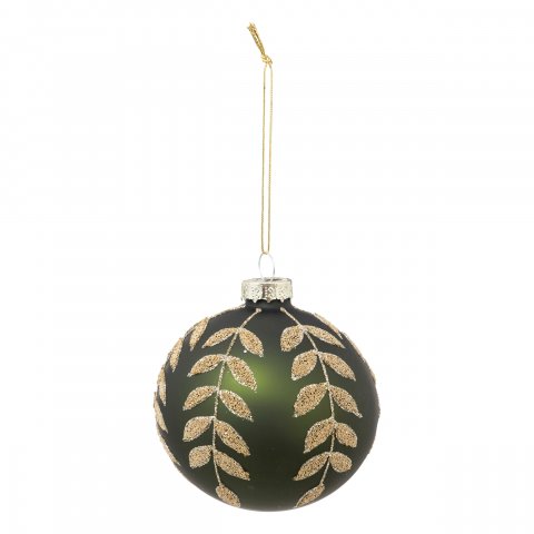 BOULE DE NOEL VERRE 80MM VERT FEUILLE OR